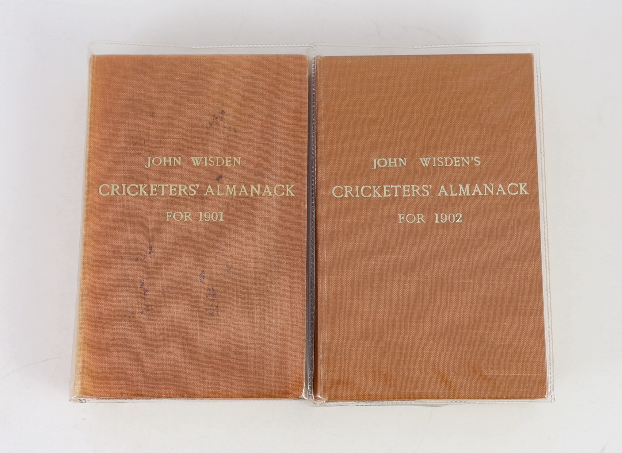 Wisden, John - Cricketers’ Almanack for the years, 1900 (37th edition) - 1906 (43rd edition), all rebound brown cloth gilt, and retaining original paper wrappers, loss to bottom left front wrapper to 40th edition of 1903